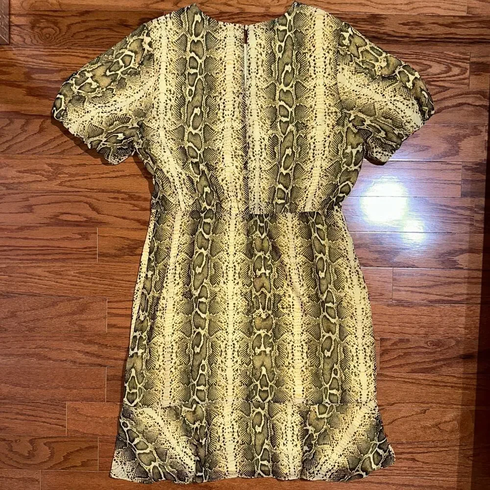 Sam Edelman Yellow Snake Ruched Short Puff Sleeve Dress Size 14